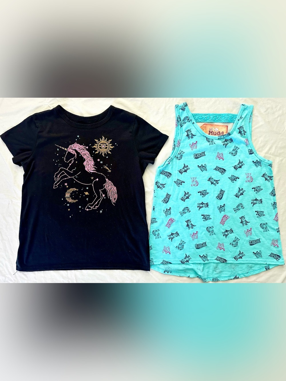 Mudd Girls Size 12 Shirt Lot Unicorn Graphic Tee & NWT Cat Print Tank Blue Black